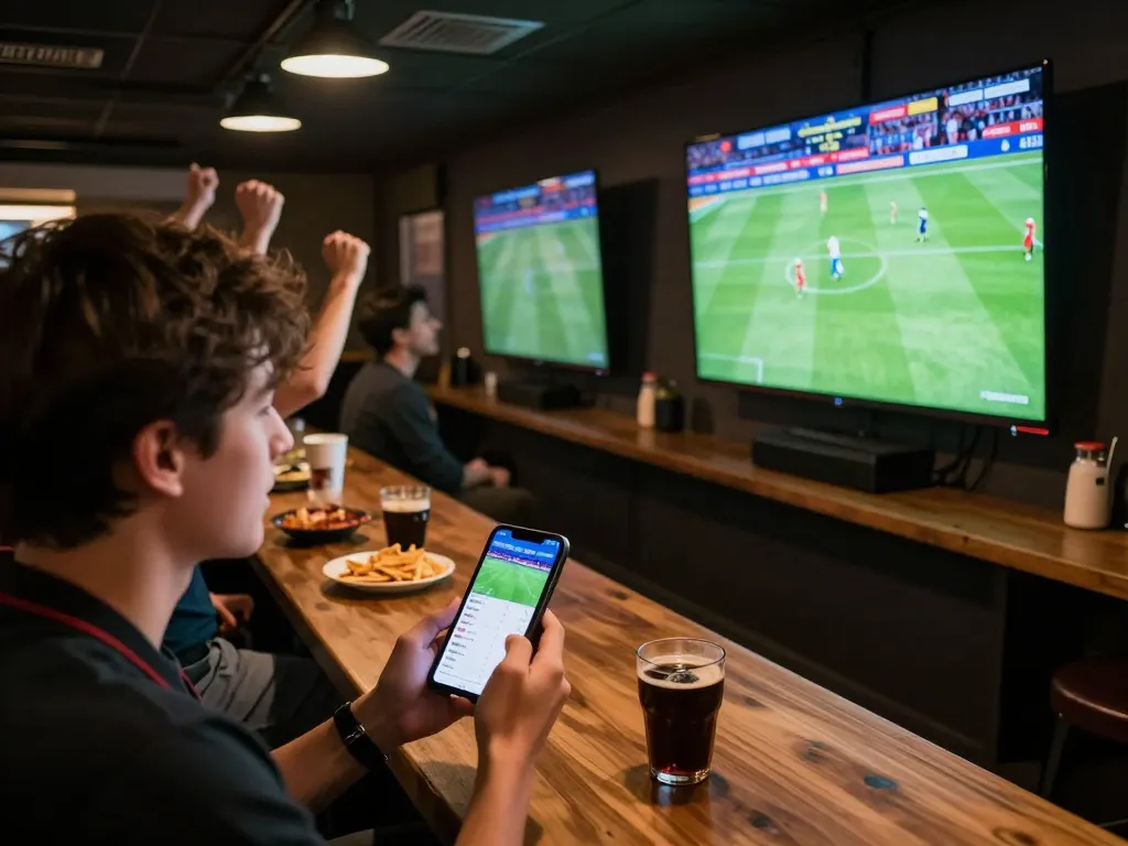 Engaging atmosphere with soccer tips app in use during live betting.