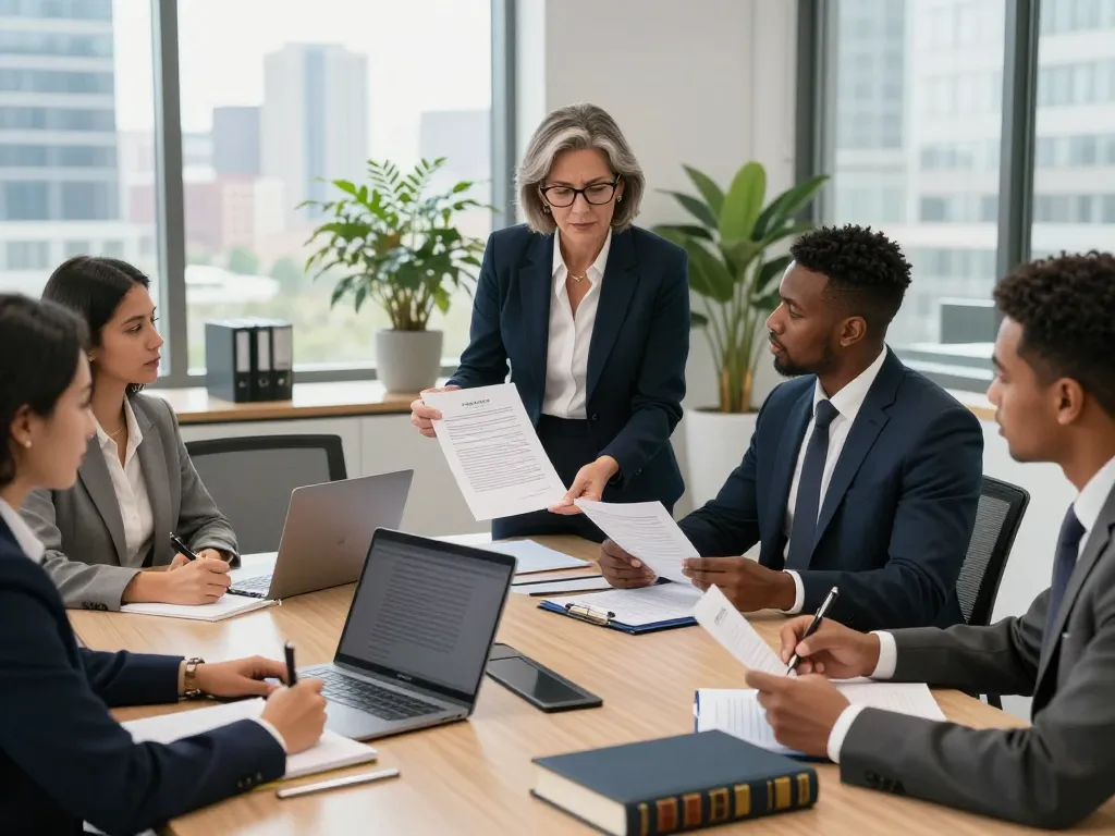 Diverse team of USA lawyers collaborating in a professional law office setting during a strategic meeting.