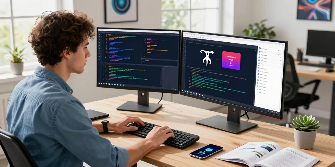 Creating open claw skill in a modern tech workspace with vibrant code on dual monitors and sleek design.