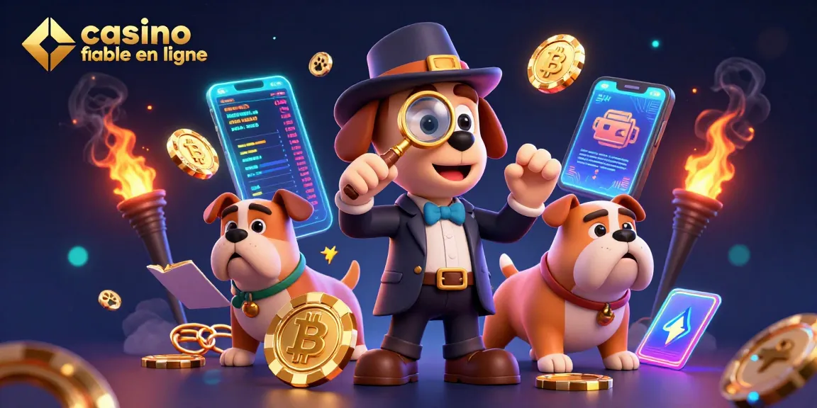 Illustration dynamique de la scène de casino fiable en ligne avec un détective et ses indices sur les jeux.