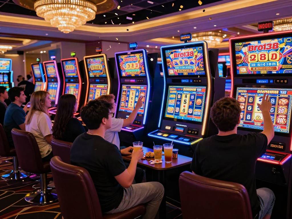 Exciting casino scene featuring players enjoying bro138 slot machines with vibrant colors and lively atmosphere.