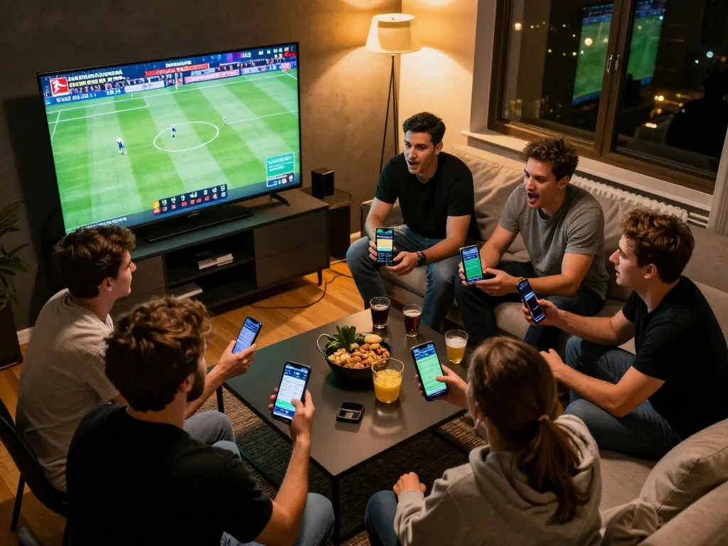 Friends engaging in sports betting at a lively home party while watching GO8 Bundesliga match