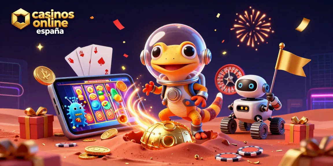 Los casinos online España ofrecen una experiencia de juego emocionante con un gecko marciano explorando un casino dorado.