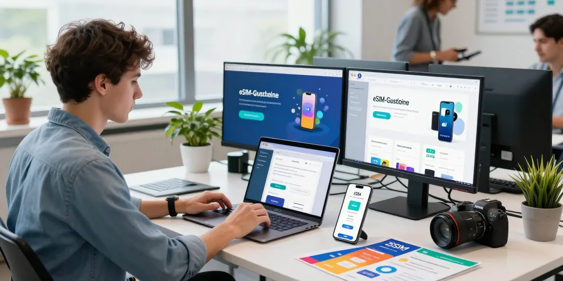 eSIM-Gutscheine im modernen Büro, Fachmann analysiert digitale Angebote.