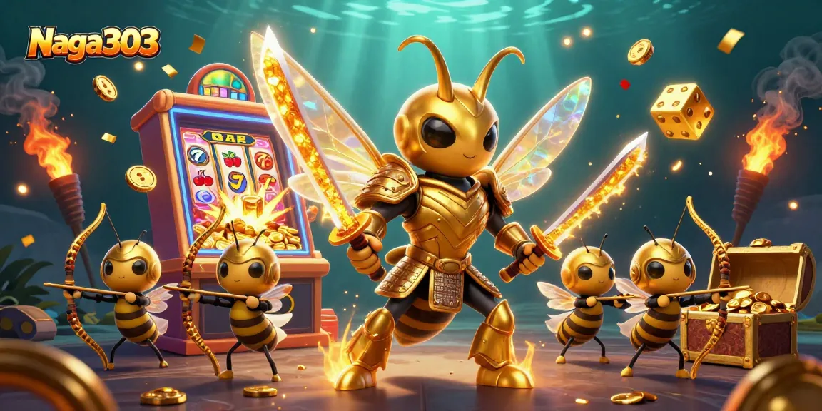 Naga303 offers thrilling casino action with a golden hornet samurai battling in a vibrant slot jackpot scene.