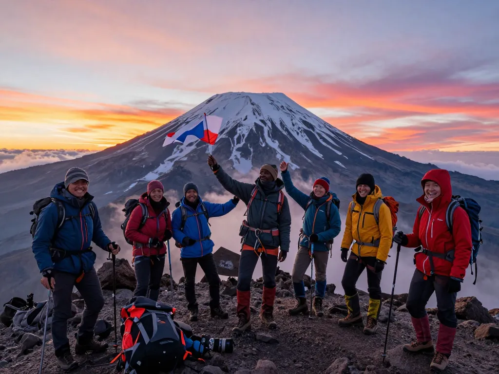 Safari and Kilimanjaro packages adventure scene with climbers at summit, vibrant sunrise in background, showcasing stunning landscapes.