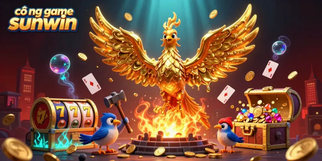 Experience thrilling gameplay with cổng game sunwin as a golden phoenix emerges amidst vibrant casino elements.