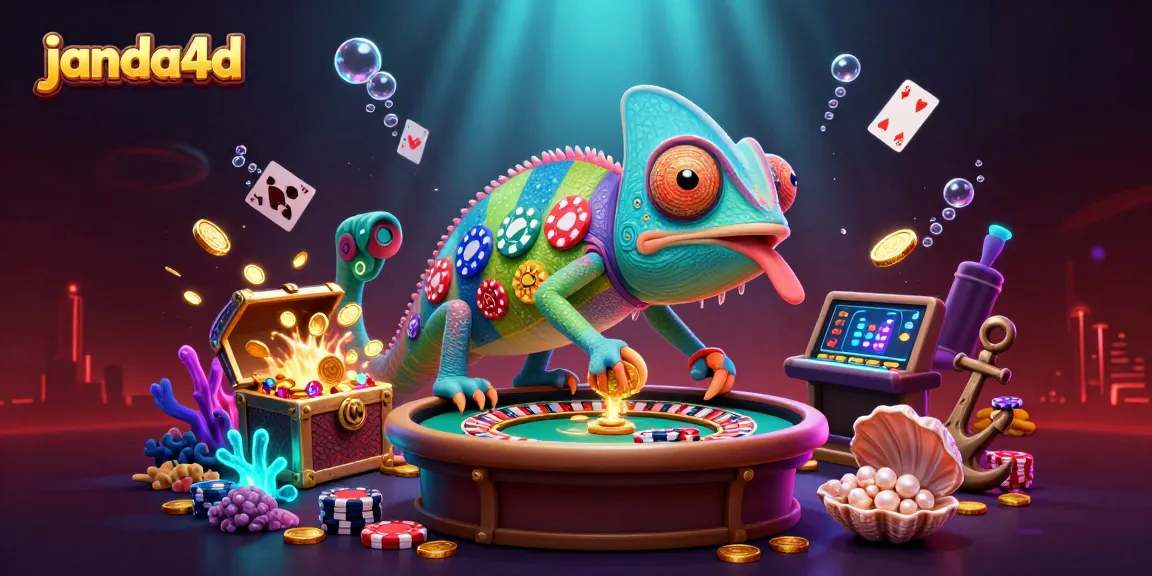 Janda4D menghadirkan pengalaman kasino online dengan karakter chameleon berwarna-warni dan elemen permainan menarik.