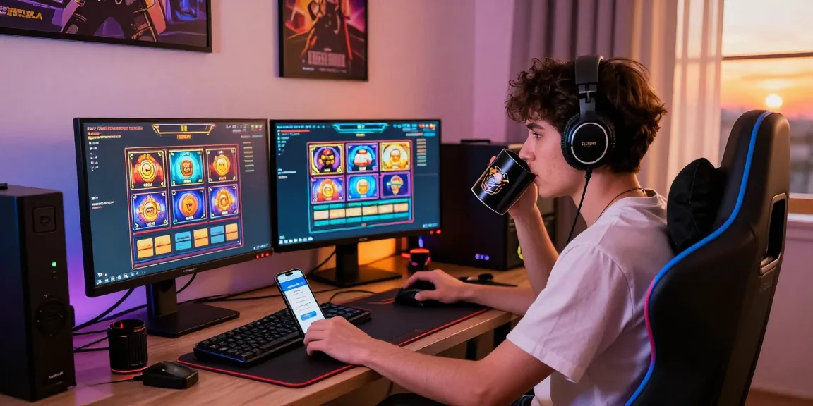 Engaged gamer exploring slot deposit dana options at home gaming setup.