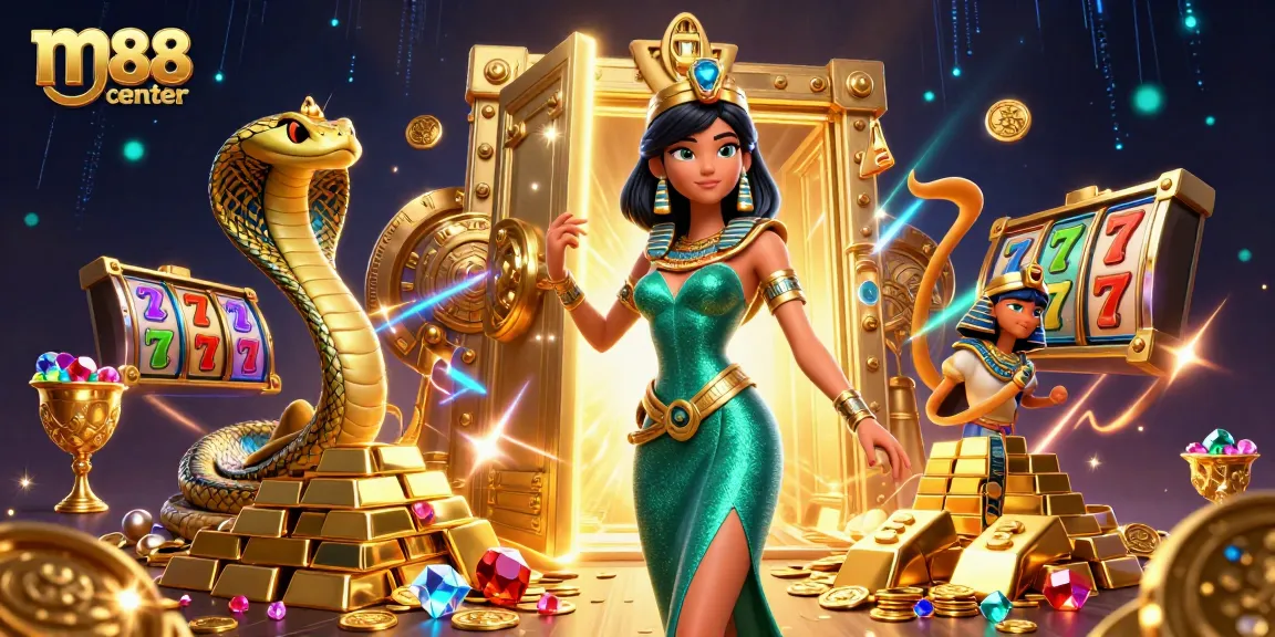 Experience excitement at m88 center with a stunning 3D scene of casino treasures and lively characters.