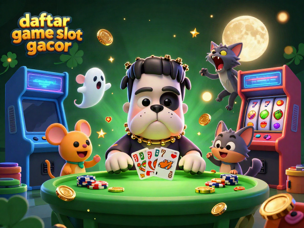 Slot gacor ditampilkan secara menarik dengan karakter unik di meja permainan yang menyeramkan.