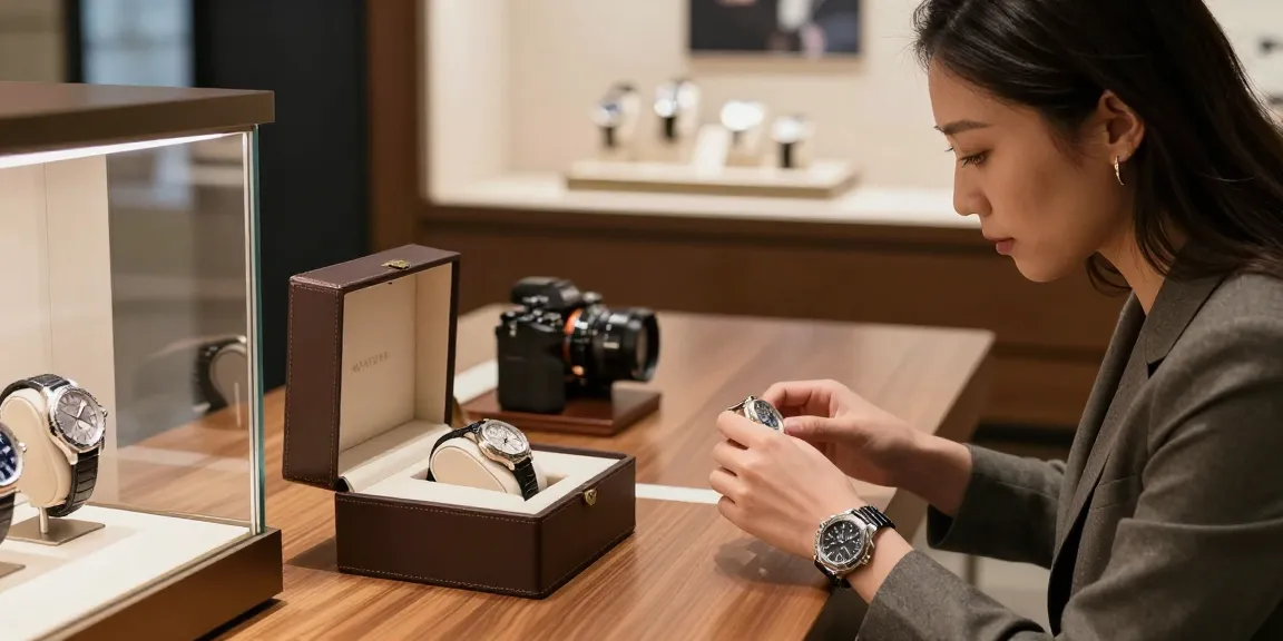 Admiring a premium replica watch in a luxurious boutique showcasing intricate designs and craftsmanship.