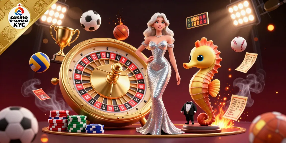 Scopri il brivido del casino senza KYC con una donna glamour alla roulette, circondata da dinamici elementi sportivi.