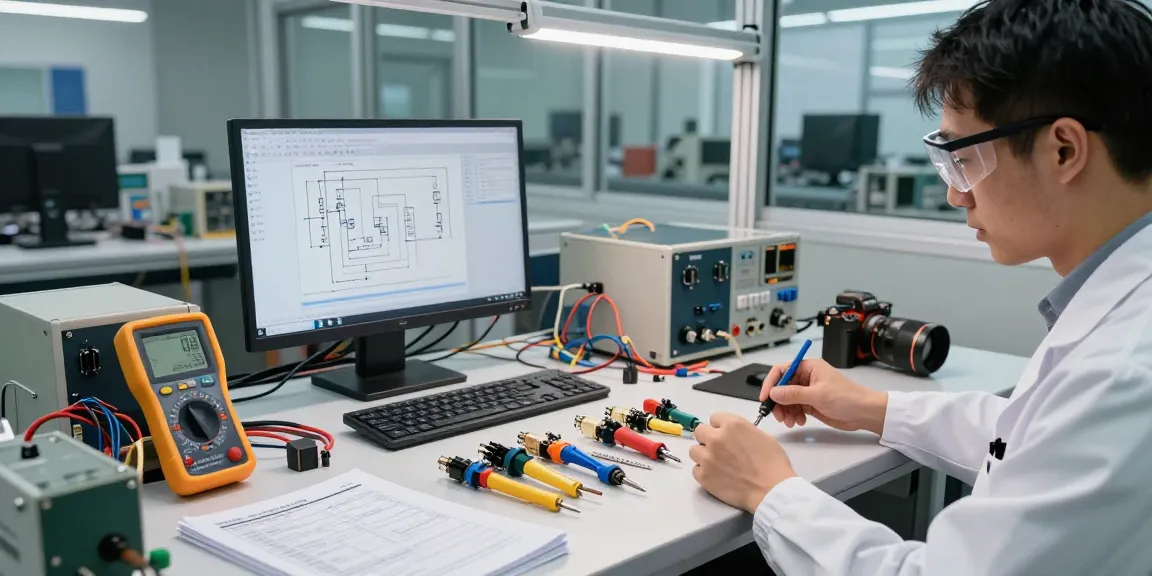 IEC connectors showcased in a professional electronics workspace with tools and schematic diagrams.