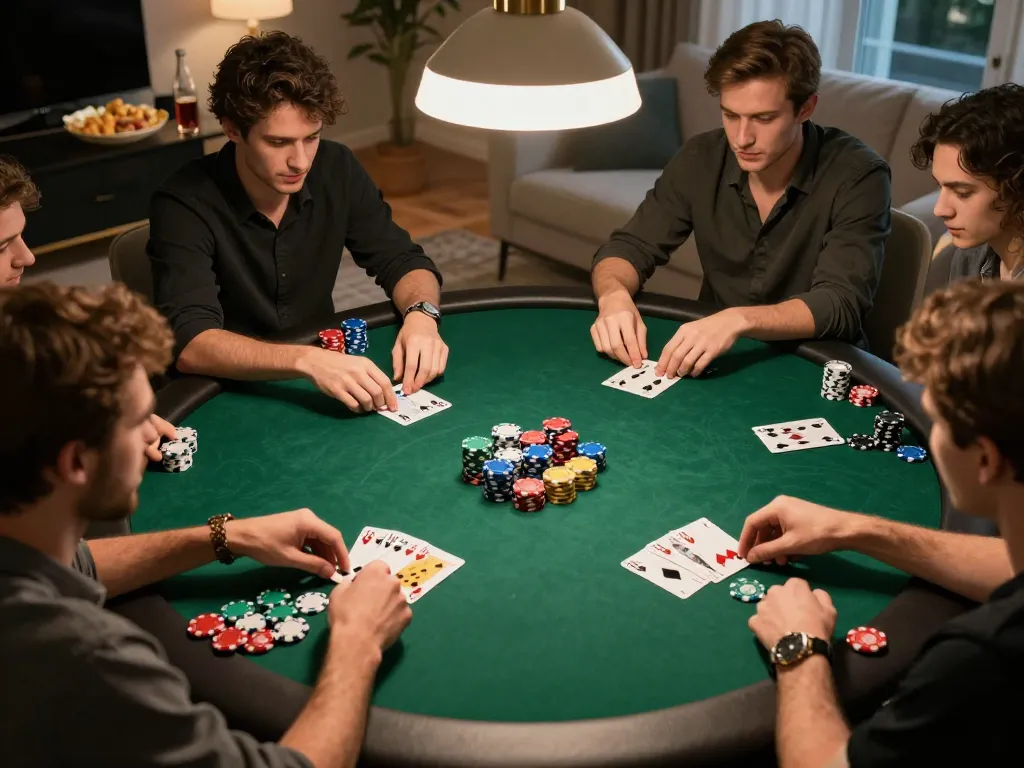 Enjoy a thrilling uu88 vip poker game night with friends at home, showcasing active gameplay and vibrant poker chips.