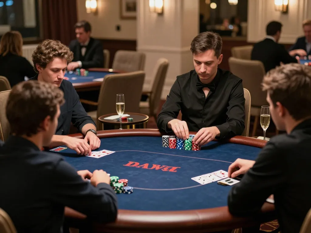 Players strategizing at a luxury poker table in a sophisticated setting featuring vin88tp branding.