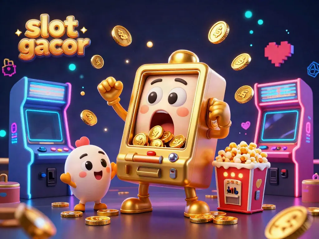 Experience slot gacor excitement as a golden slot machine hits the jackpot, showering coins everywhere in this vibrant scene.