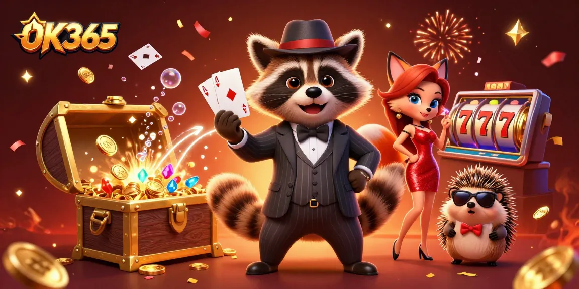 Play with OK365's charming characters at a dynamic casino, featuring vibrant gems and poker action.