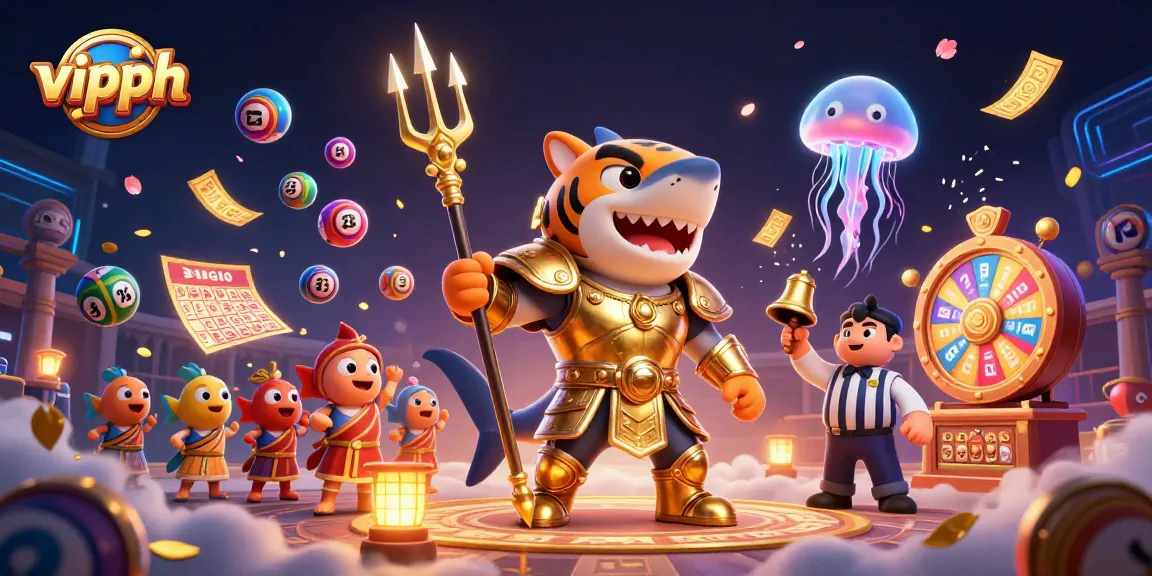 Experience exciting action at VIPPH Casino with a vibrant 3D illustration of games and prizes.