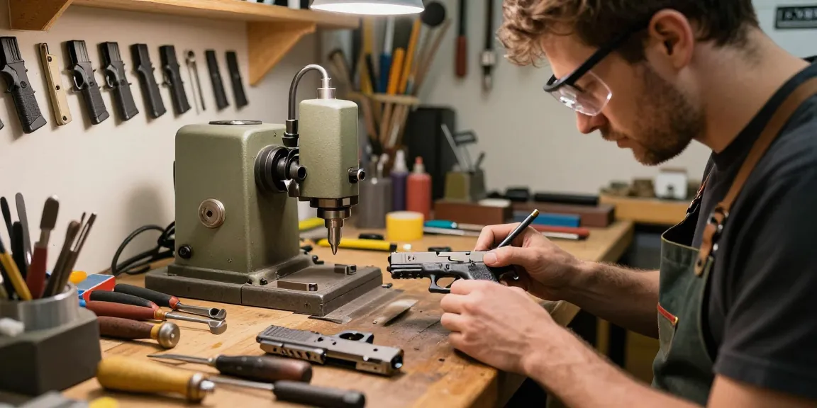 Gunsmith crafting customized Glock slides at precision workshop - https://precisionglockslides.com