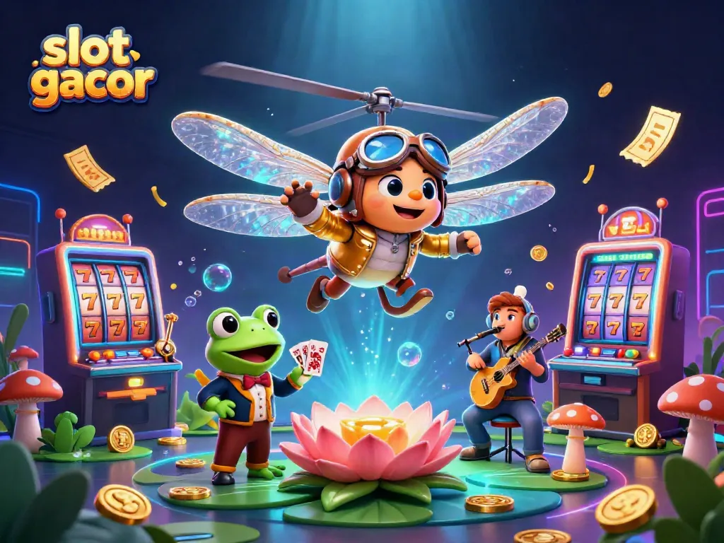 Permainan slot gacor dengan karakter unik di kasino, dikelilingi elemen warna-warni yang dinamis.