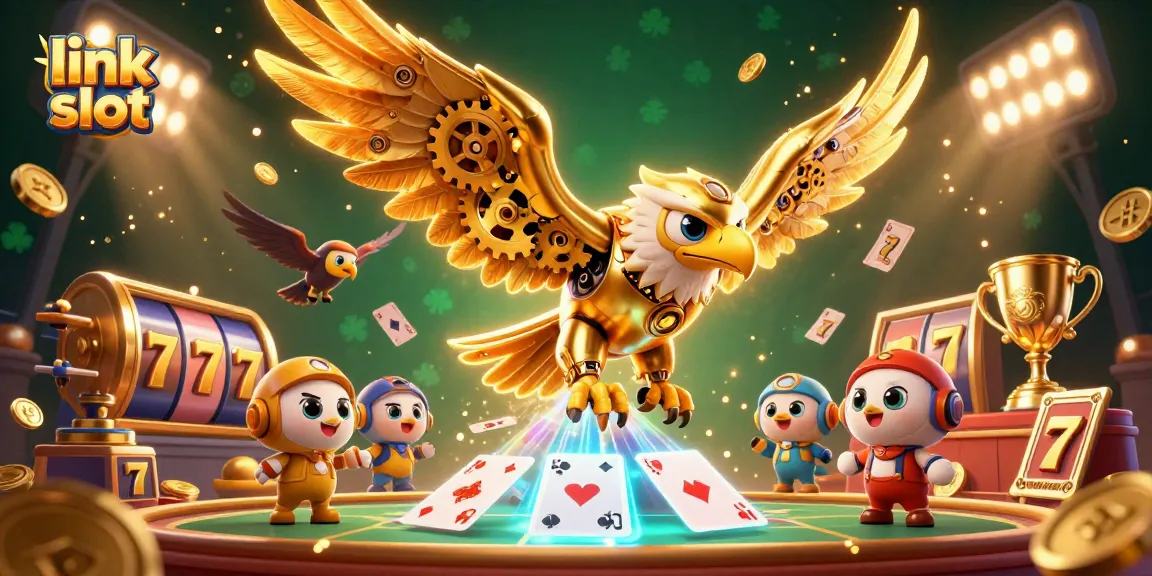 Experience thrilling wins with link slot in a vibrant casino scene featuring a cybernetic eagle and dazzling game elements.