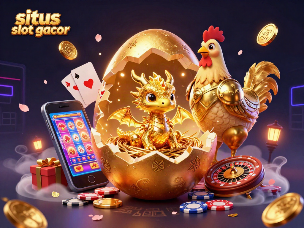 Experience exhilarating spins with situs slot gacor, featuring a 3D golden dragon and vibrant slot game elements.