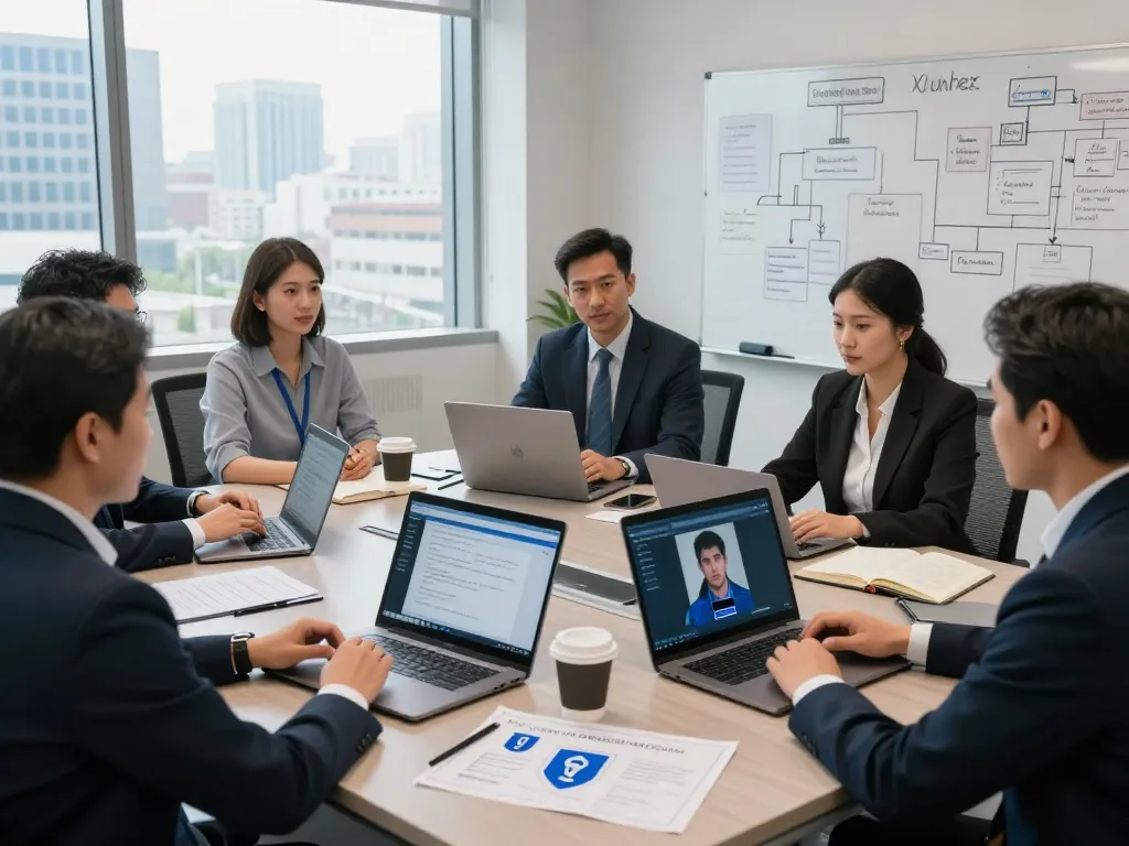 Team strategizing against AI voice fraud in banking with security presentations and collaborative tools.