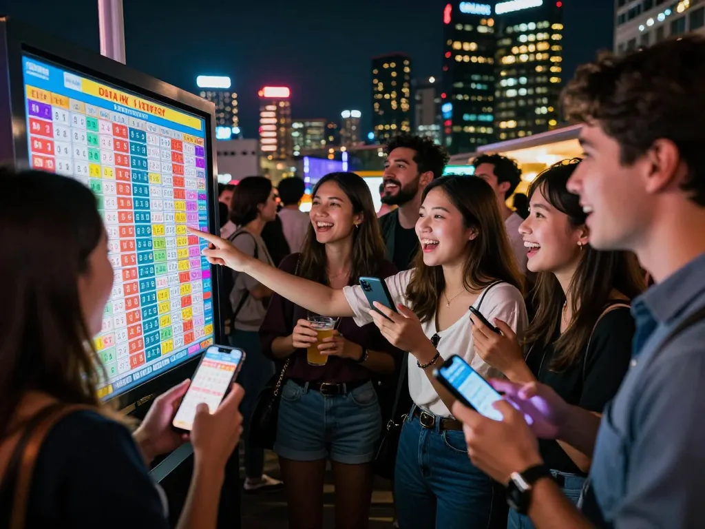 Group enjoying the thrill of winning with live Data HK lottery updates against a bustling city backdrop.