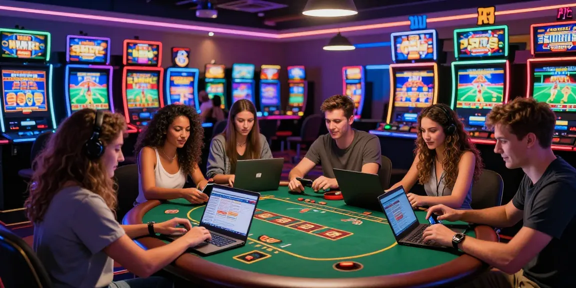 Diverse group of friends enjoying MBM娛樂 online casino games in a vibrant virtual casino environment.