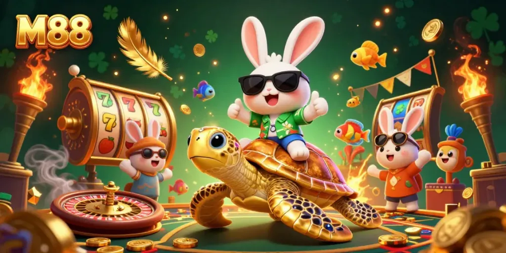 M88 casino scene showcasing a lucky rabbit on a golden turtle amidst a vibrant gambling atmosphere.