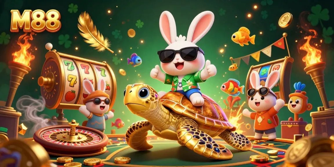 M88 casino scene showcasing a lucky rabbit on a golden turtle amidst a vibrant gambling atmosphere.
