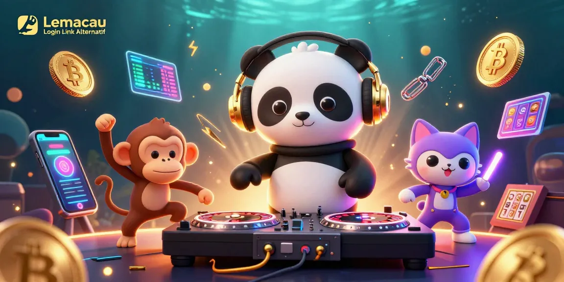 Experience vibrant gaming with Lemacau Login Link Alternatif featuring animated casino characters and crypto elements.