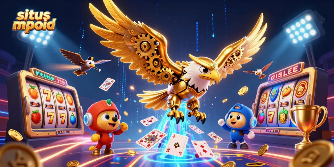 Bet on situs mpoid with a rich 3D illustration of a golden eagle and slots diving through gaming elements.