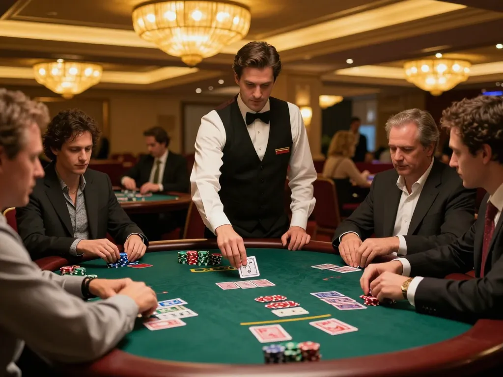 Engaging blackjack action at a luxurious casino with players analyzing their hands and chips, sv368 excitement evident.