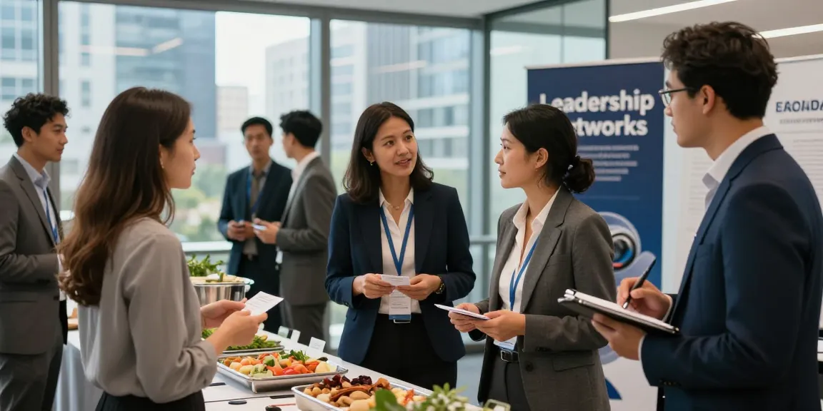 Networking für Führungskräfte event showcasing diverse executives exchanging ideas and business cards in a modern corporate setting.