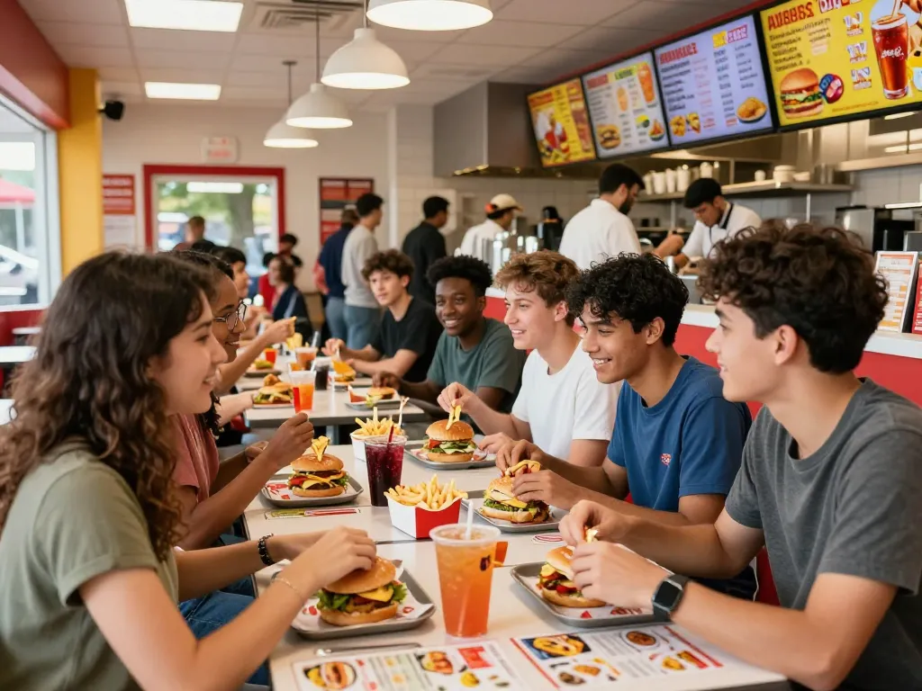 Group enjoying diverse fast food meals highlighting fast food prices in a bustling restaurant