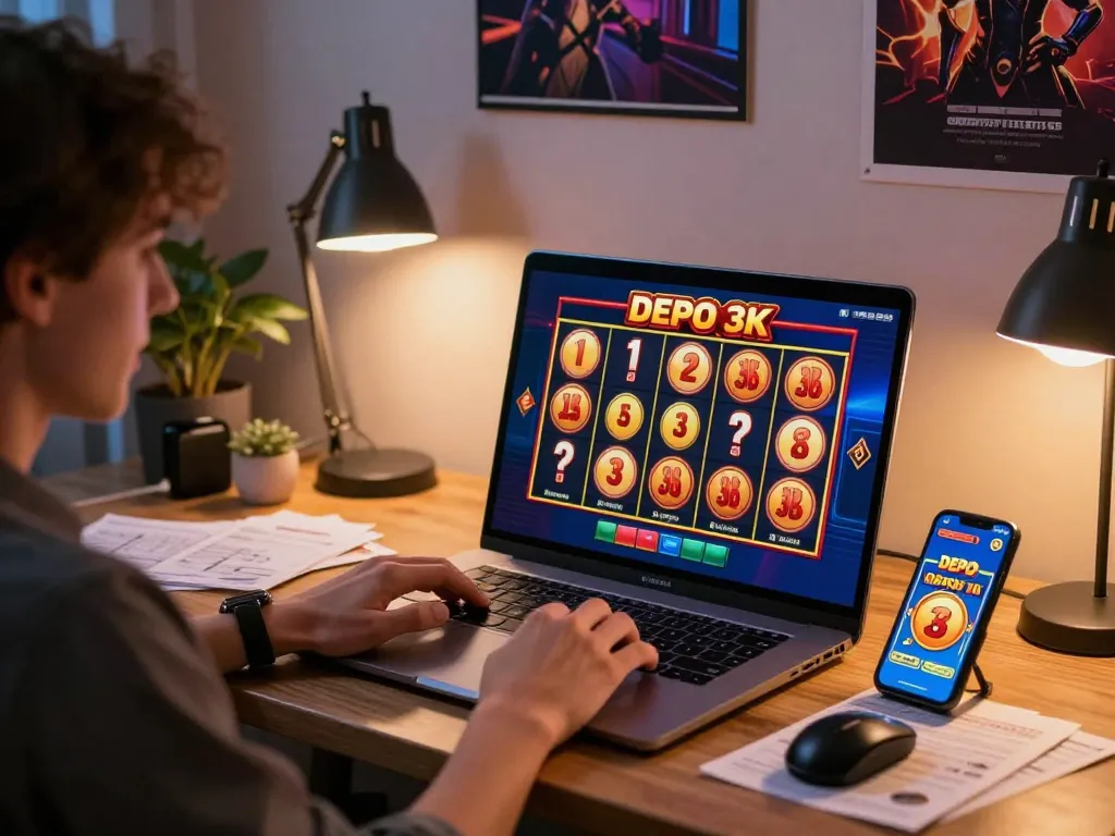 Engaging in slot depo 3k online gaming with excitement and strategy at home.