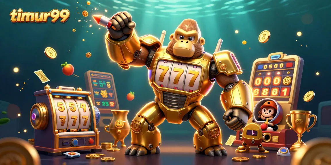Engage with timur99 in this colorful casino scene featuring a majestic golden gorilla mech surrounded by action-packed slot elements.
