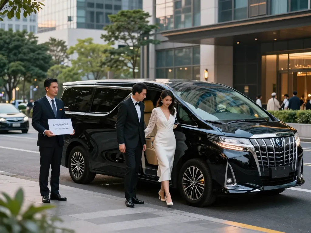 Trải nghiệm du lịch sang trọng với cho thuê xe Alphard trong khung cảnh thành phố hiện đại, có tài xế và cặp đôi thanh lịch.