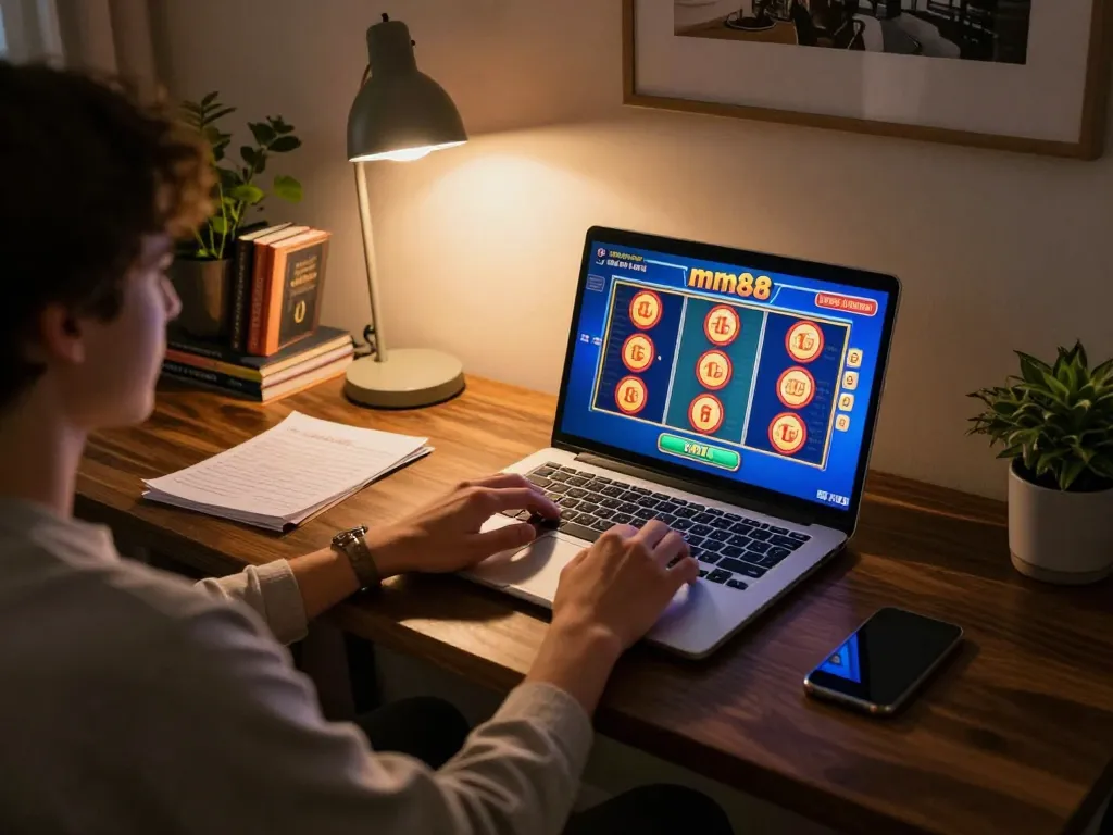 Engaged player enjoying mm88 online slots on a stylish laptop in a cozy gaming setup.