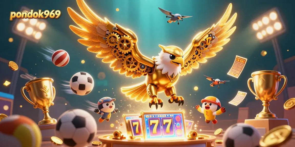 Pondok969 showcases an exciting online slot experience with dynamic gaming elements and golden highlights.