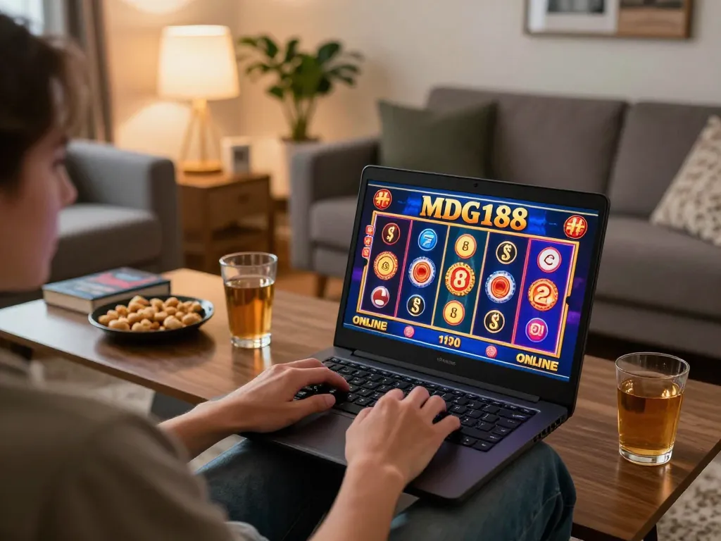 Engaging gameplay with MDG188 slot reels lighting up the screen during an online session.