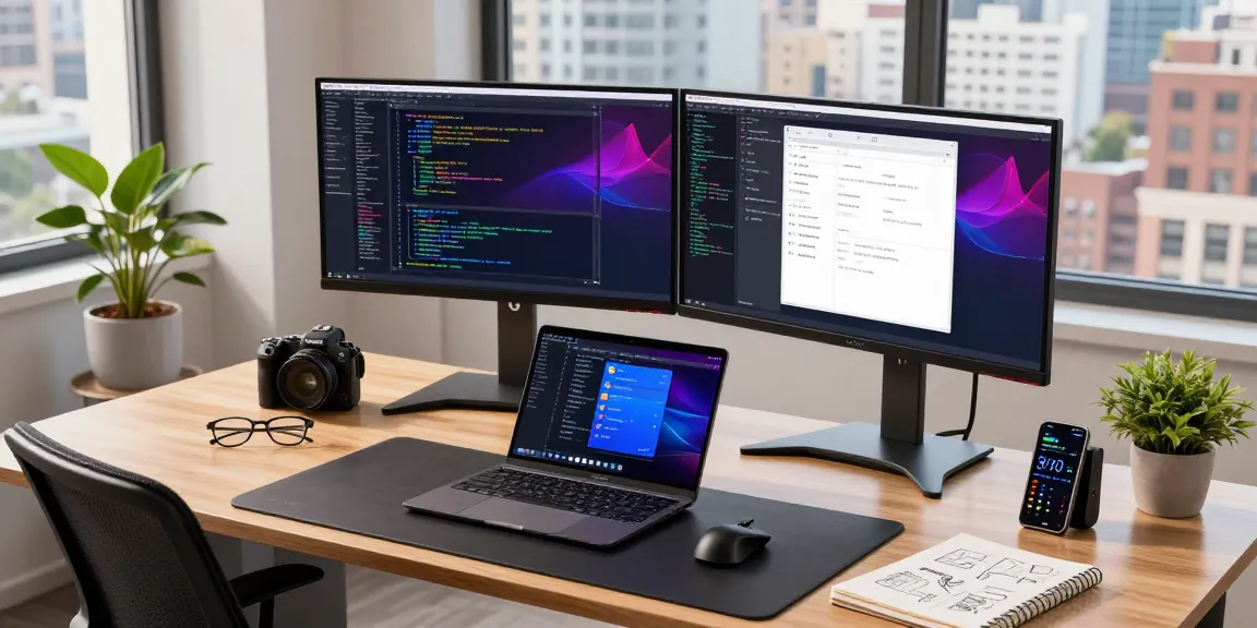 Developer working in a modern tech space showcasing 纸飞机中文版 applications and vibrant coding environment.