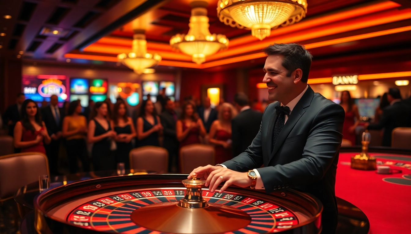 Vegas hero dealer captivating players at a roulette table in a vibrant casino scene.