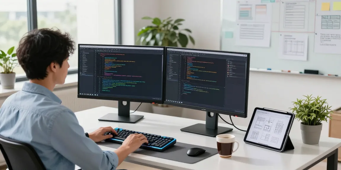 Efficient software development workspace showcasing 截图软件下载 with dual monitors and coding interface.