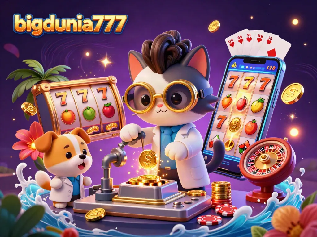Experience bigdunia777’s thrilling casino world with a mad scientist cat and a dog, surrounded by vibrant game elements.