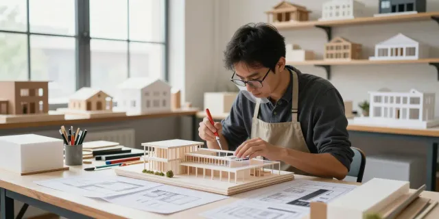 Architectural model maker Europe crafting intricate scale models in a professional studio.
