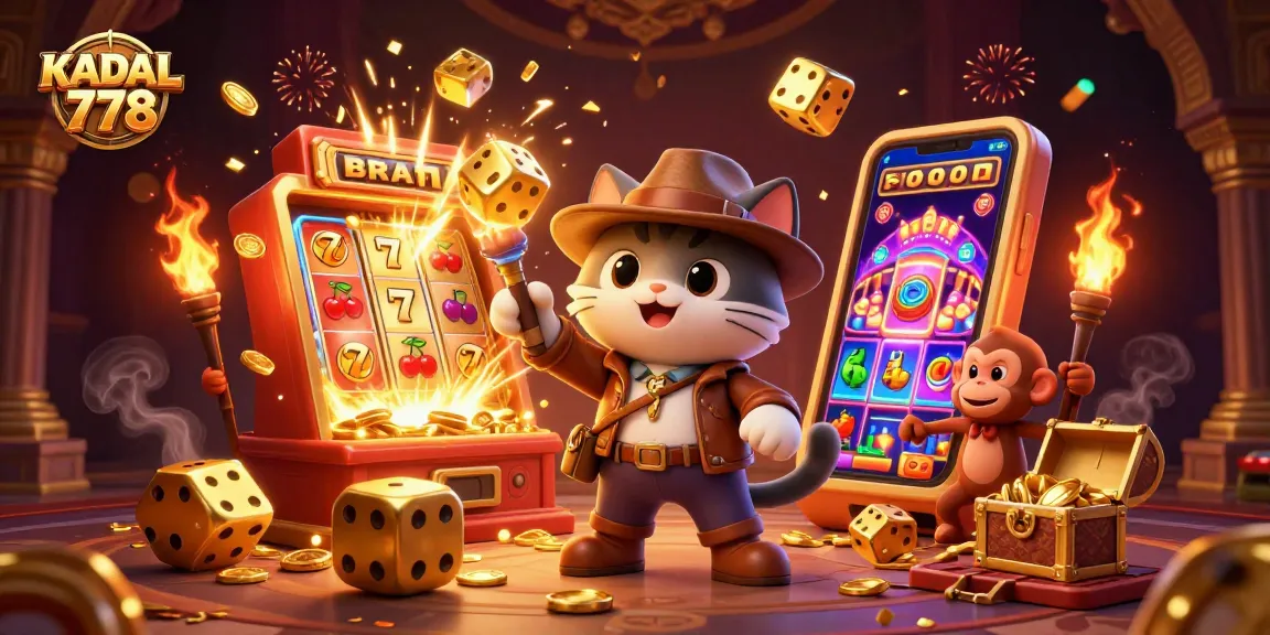 KADAL 778 highlights an archaeological cat discovering casino treasures amidst vibrant gaming elements.