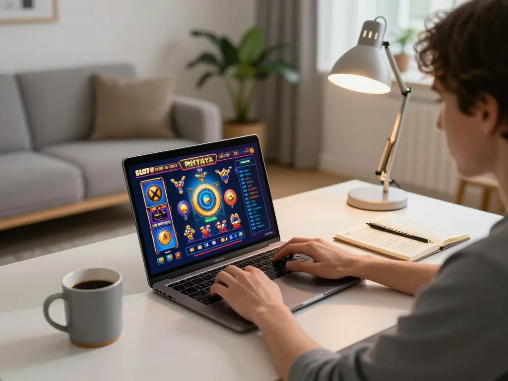 SLOT PHTAYA gaming experience at home with an engaging online setup, warm atmosphere, and strategic elements.